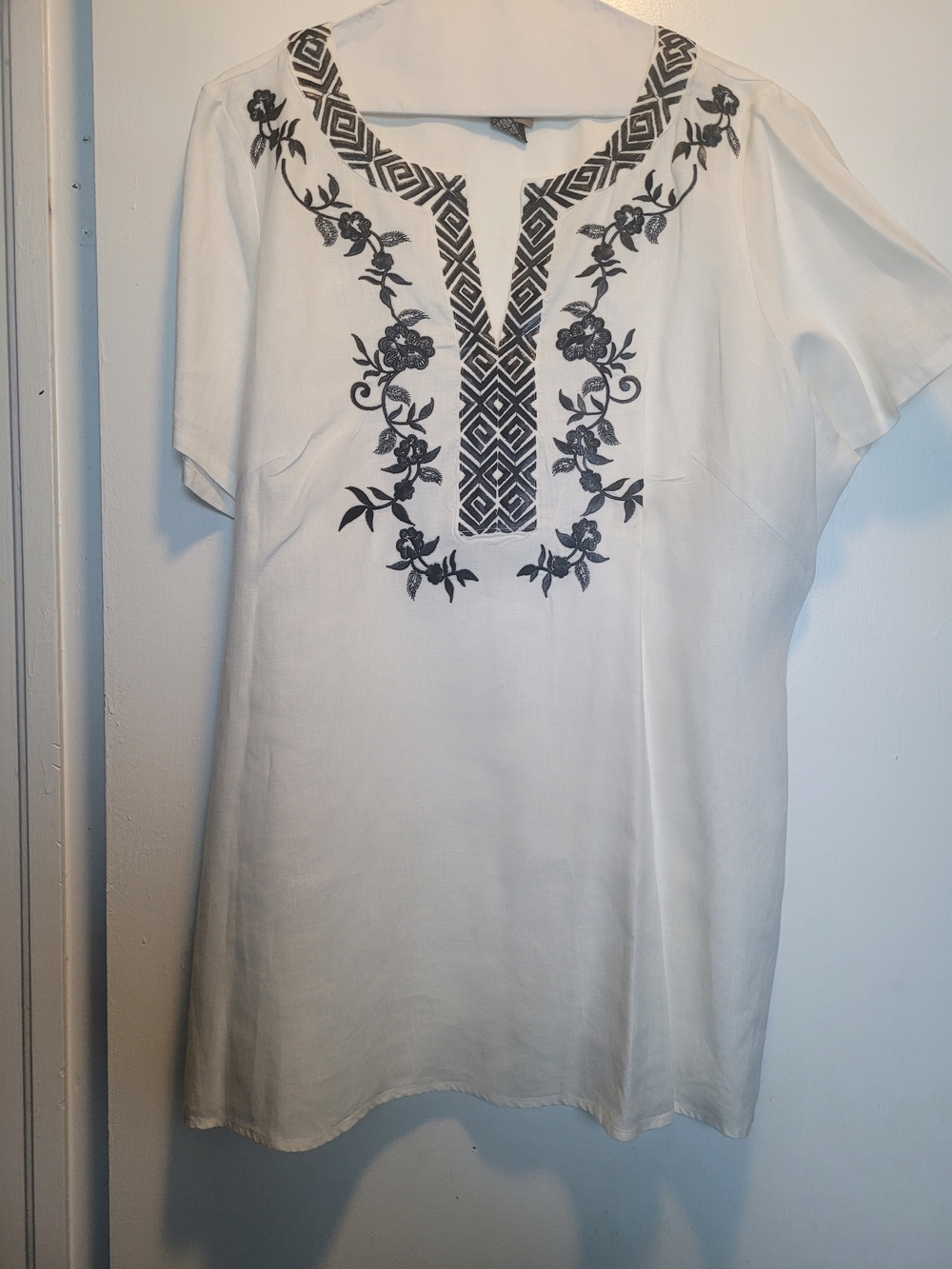White Embroidered Tunic Top with Black Floral Detail